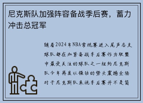 尼克斯队加强阵容备战季后赛，蓄力冲击总冠军